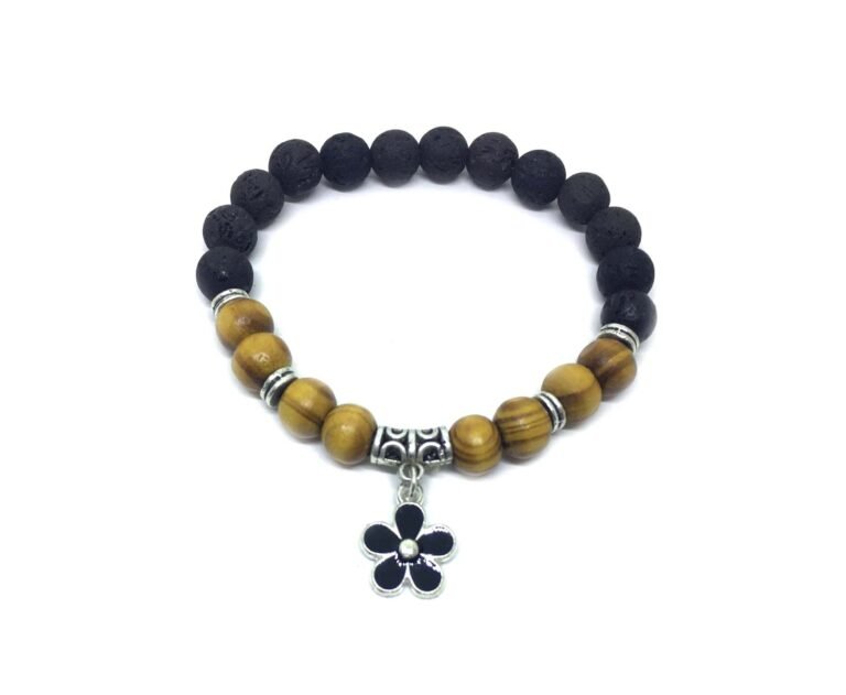 Black Enamel Flower Charm Lava & Wooden Bracelet